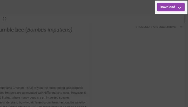 Detail of the Production page with everything dimmed except the ‘Download’ button and its dropdown arrow in the top right corner, highlighting where export formats are chosen.