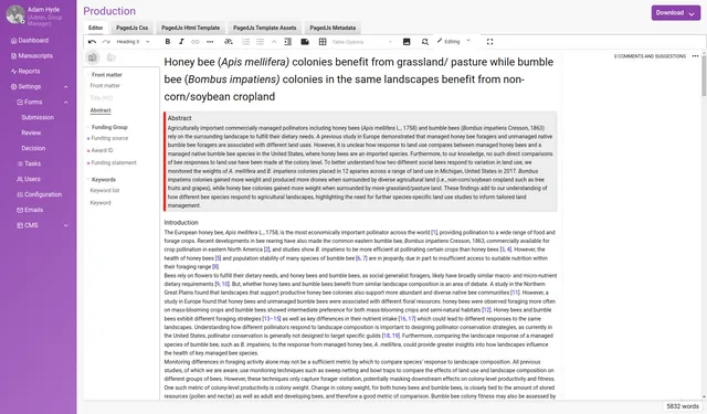 Kotahi Production interface on the ‘Editor’ tab, with ‘PagedJs Css’, ‘PagedJs Html Template’, ‘PagedJs Template Assets’ and ‘PagedJs Metadata’ tabs alongside it, a ‘Download’ button, an article structure panel listing Front matter, Title, Abstract, Funding and Keywords, and the article text in the editor.