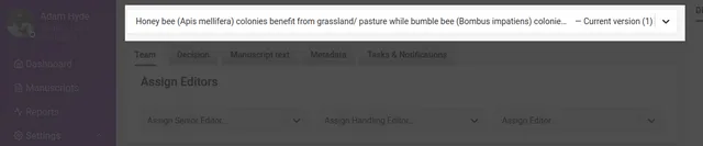 Top of the Control page with the version dropdown highlighted, showing the truncated manuscript title followed by ‘Current version (1)’, above the Team, Decision, Manuscript text, Metadata and ‘Tasks &amp; Notifications’ tabs.