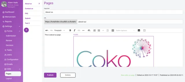CMS ‘Pages’ screen with a page list (About us, Contact us, FAQ, Submit) and an add button, a ‘Page title’ field, a URL stub field, a rich-text editor holding body text above an inserted logo figure, and ‘Publish’ and ‘Delete’ buttons with edited and published dates.