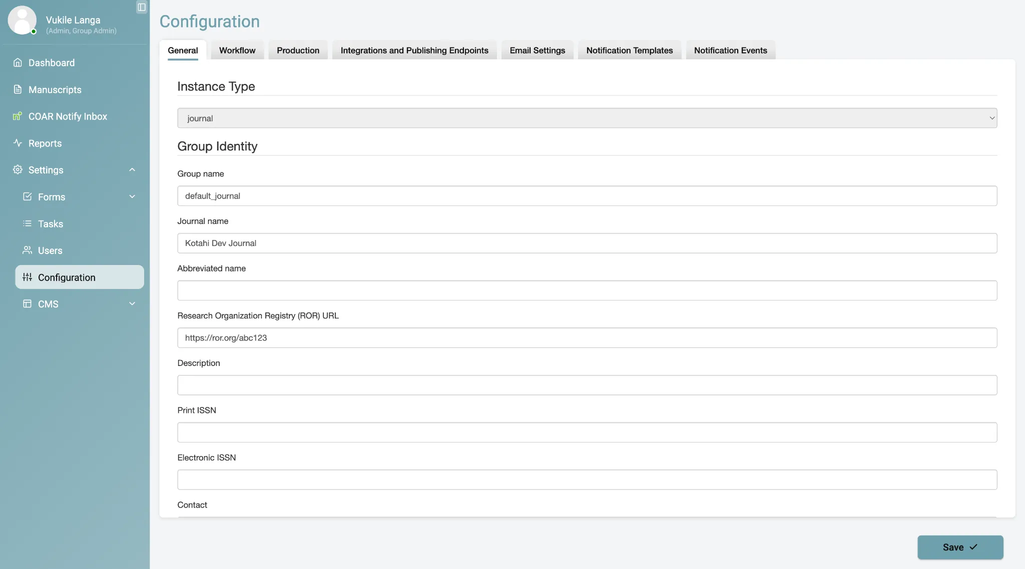 Kotahi Group Identity Settings, showing input fields for the ROR identifier and the journal title.
