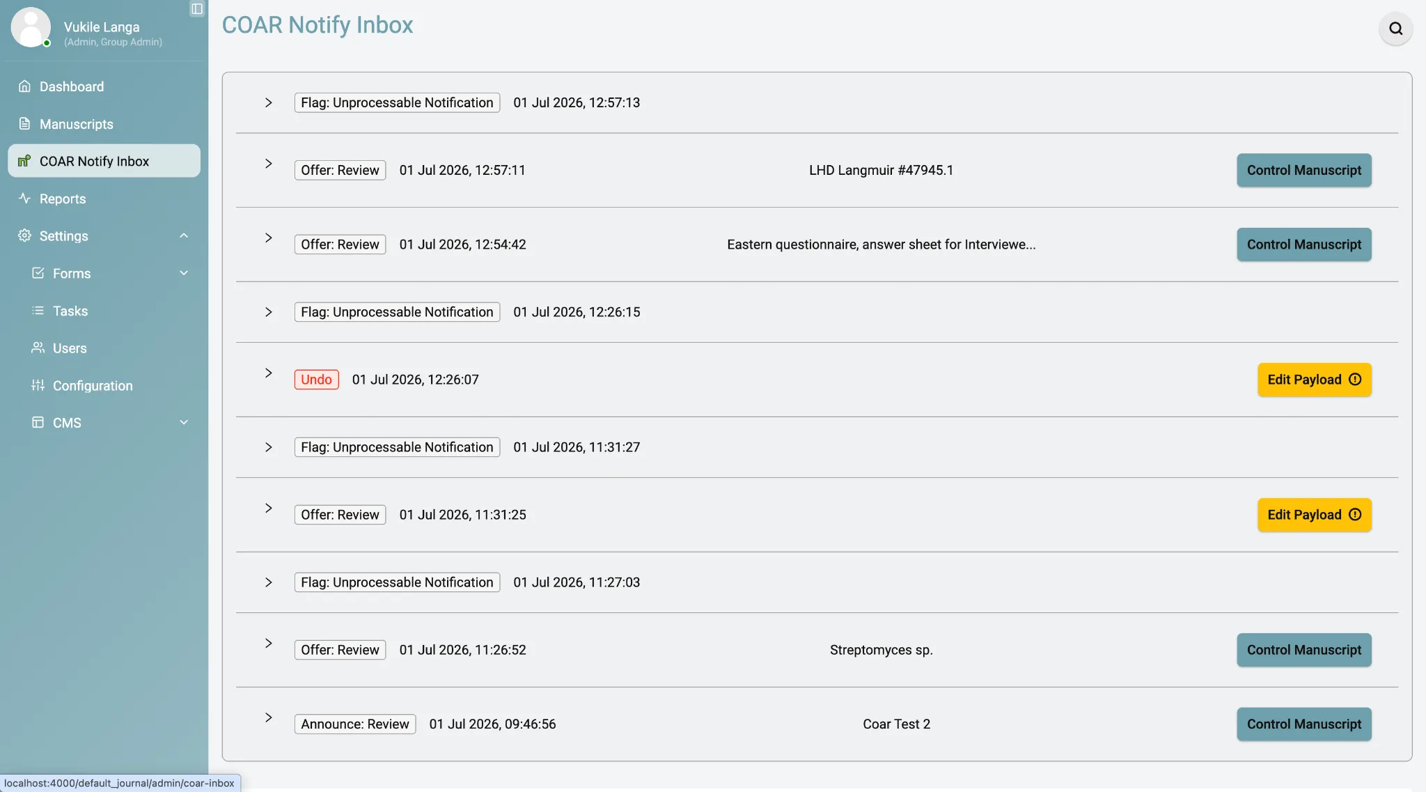 The COAR Notify Inbox in Kotahi, listing messages by type and timestamp — entries tagged “Flag: Unprocessable Notification”, “Offer: Review”, “Undo” in red, and “Announce: Review”. Rows for valid offers have a “Control Manuscript” button; rows needing attention have a yellow “Edit Payload” button.