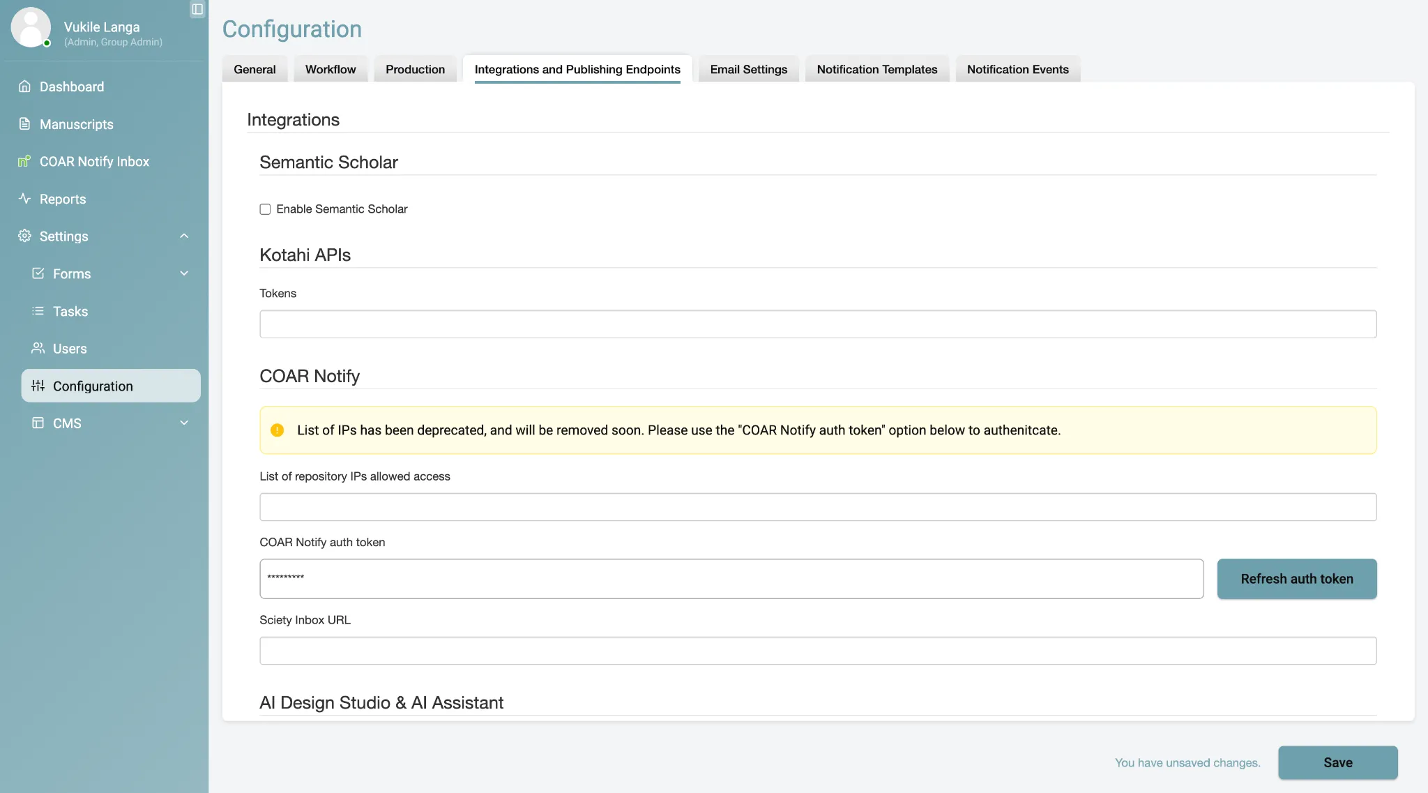 The Integrations and Publishing Endpoints tab in Kotahi Configuration, showing the auth token controls and the generated bearer token value.