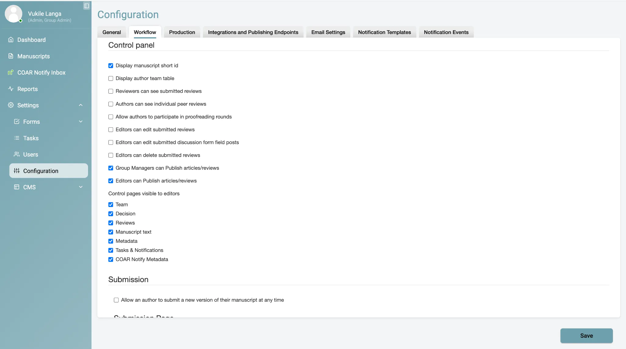 The Kotahi Configuration screen on the Workflow tab. The Control panel section lists checkbox settings including “Group Managers can Publish articles/reviews” and, under “Control pages visible to editors”, a checked “COAR Notify Metadata” option. The left sidebar shows Dashboard, Manuscripts, COAR Notify Inbox, Reports and Settings.